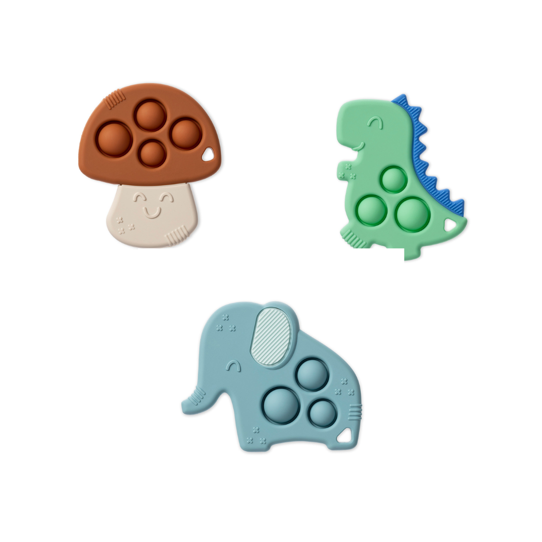 Colorful sensory popper toys including an elephant, dinosaur, and mushroom, perfect for soothing teething pains and engaging fun.