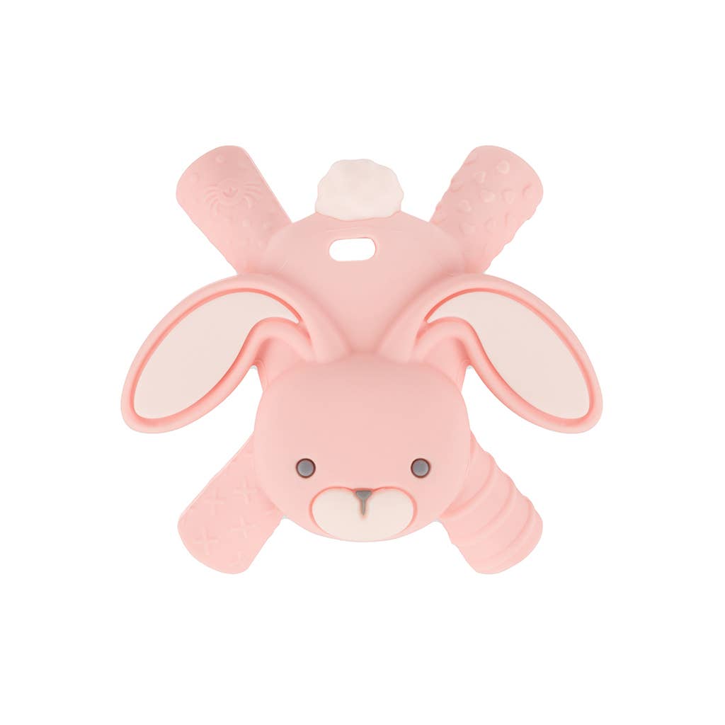 Pink Itzy Ritzy Ritzy Teether Bunny with textured tubes for baby molar relief, offering eco-friendly teething comfort.