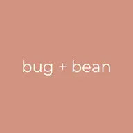 Logo of Bug + Bean on a soft peach background, representing playful and creative branding.
