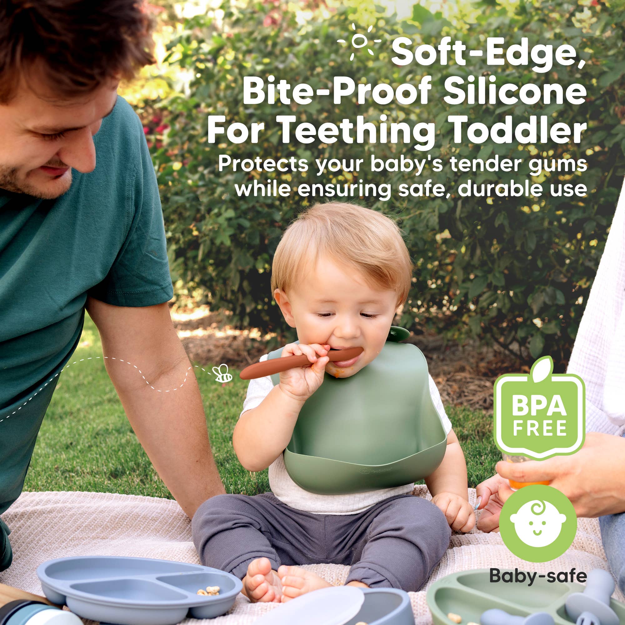 Toddler enjoying meal with soft-edge, bite-proof silicone spoon, highlighting BPA-free and safe feeding.
