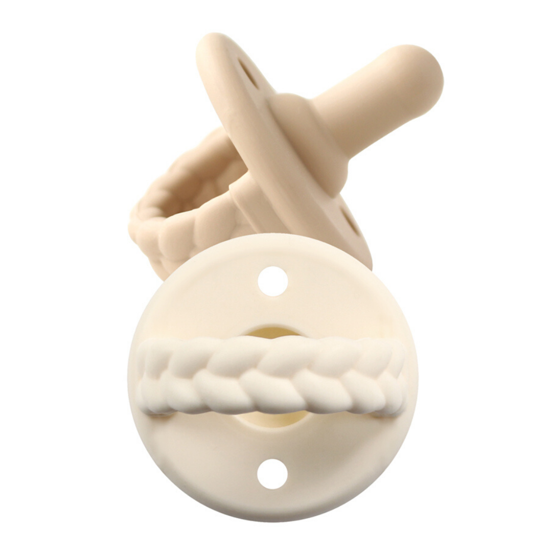 Toast and Buttercream Braids Itzy Soother™ Pacifier set, eco-friendly natural rubber baby pacifiers.