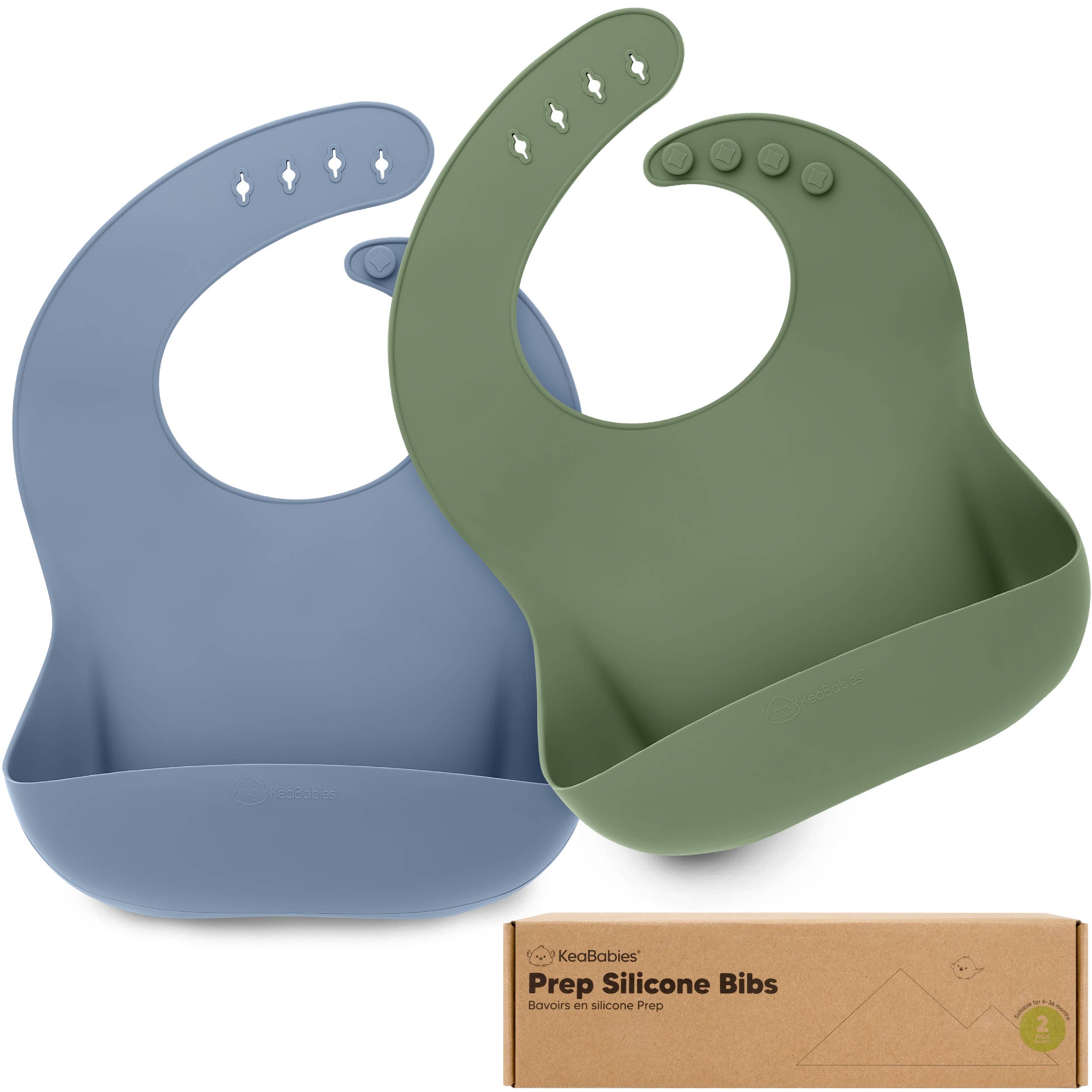 2-Pack KeaBabies Prep Silicone Bibs in blue and green for mess-free mealtimes, suitable for babies and toddlers.