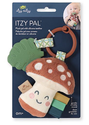 Itzy Palβ’ Plush Mushroom with Silicone Teether for infants, featuring crinkle sounds and colorful ribbons, age 0m+