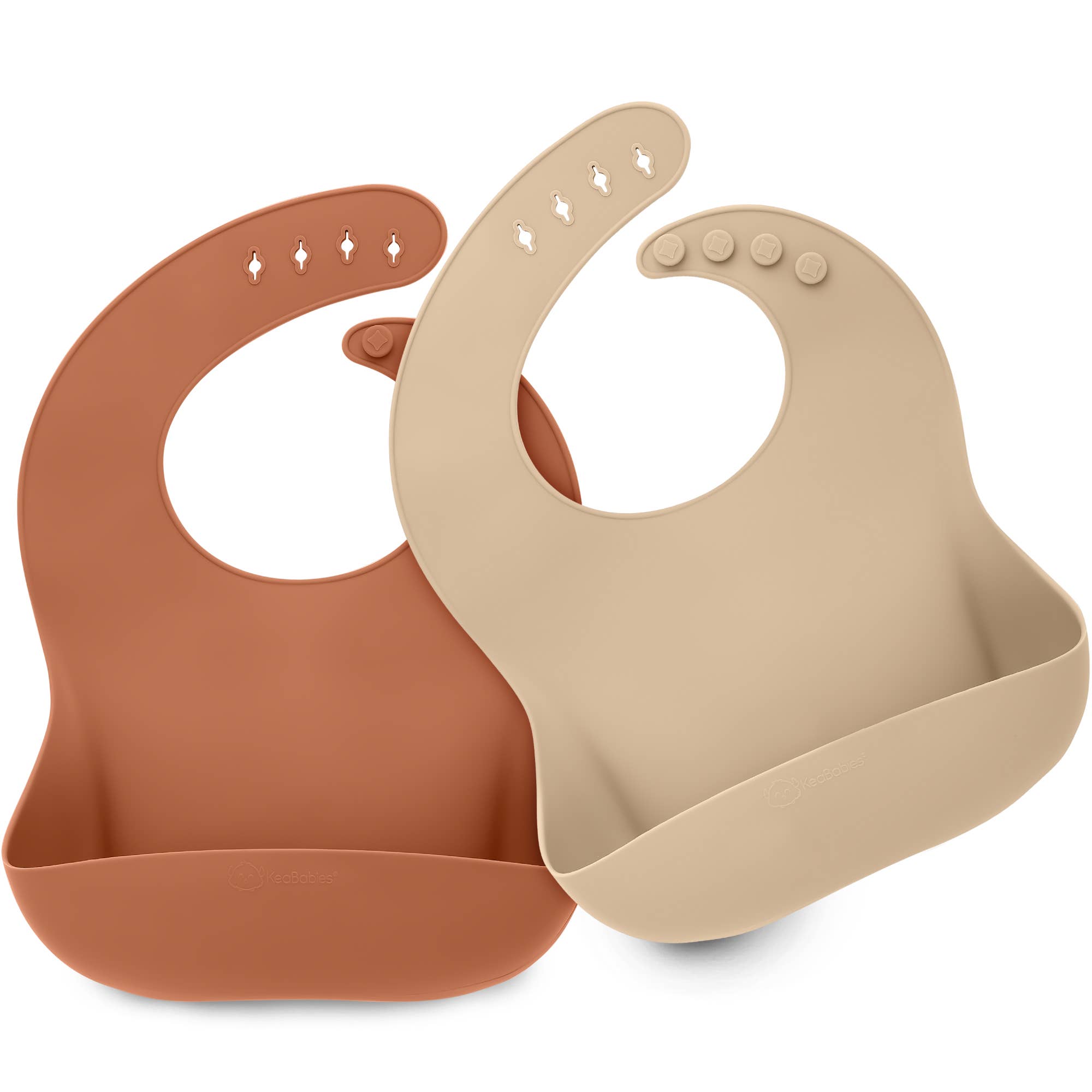 2-pack silicone bibs for babies, featuring a deep spill pocket and adjustable buttons, in terracotta and cream colors.