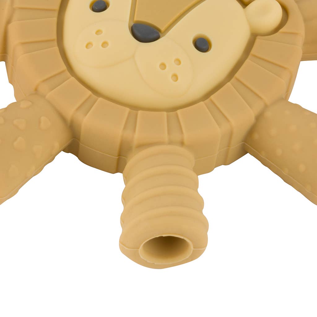Itzy Ritzy Ritzy Teetherβ’ Lion design, eco-friendly teething relief for babies with textured hollow tubes.