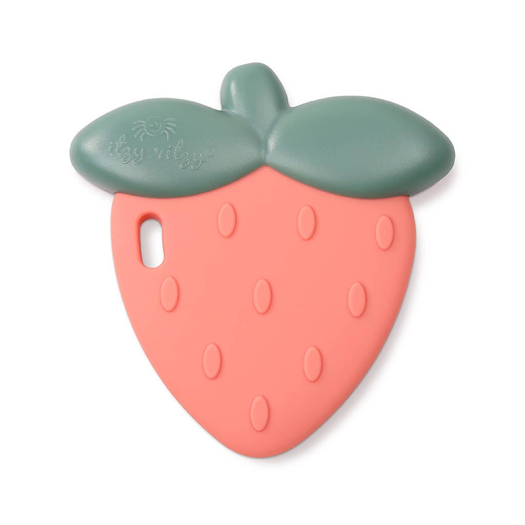 Strawberry Sweetie Shake™ silicone teether with soft textures for soothing teething pain and stimulating senses.