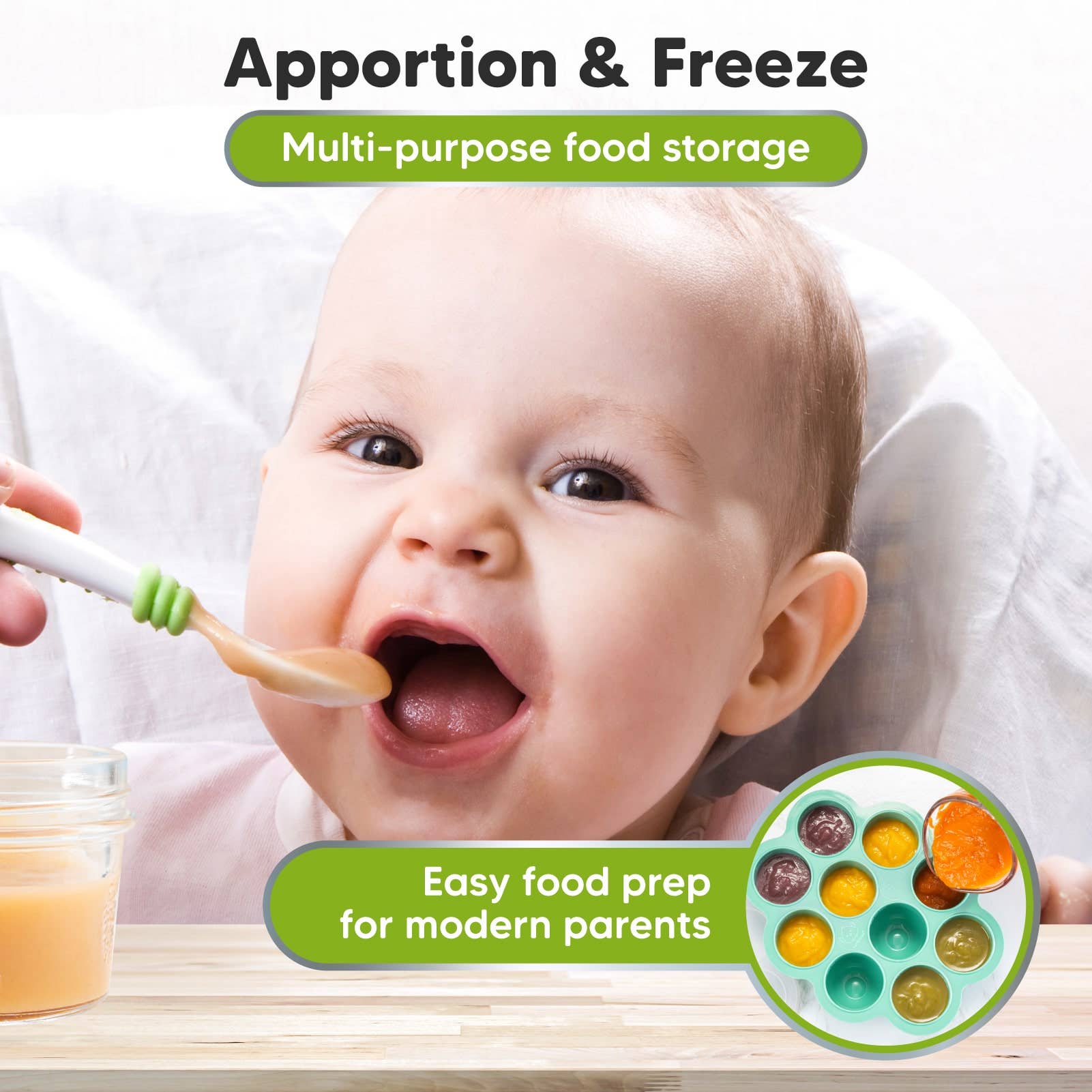 Happy baby enjoying meal with silicone food freezer tray for easy meal prep and multi-purpose storage.