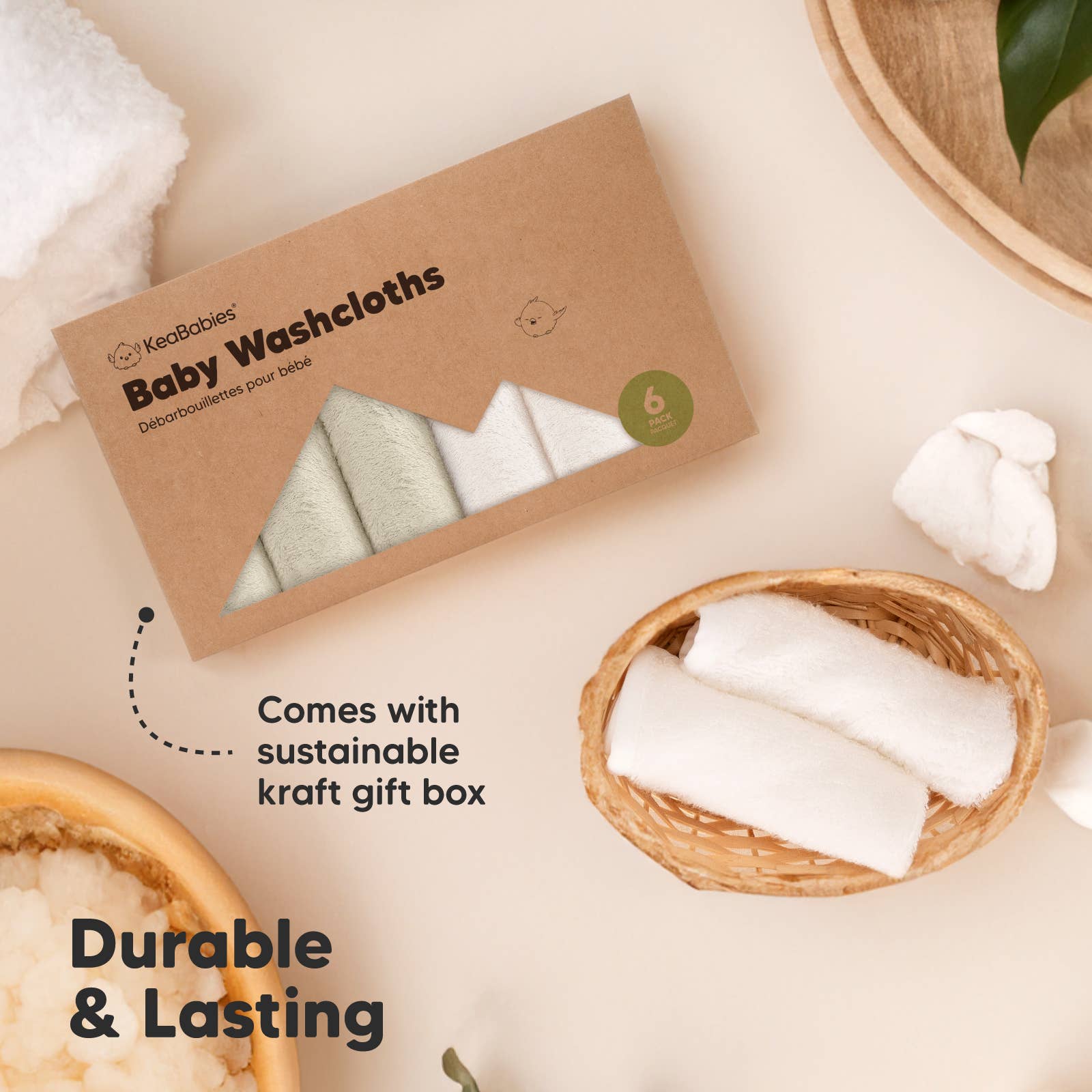 KeaBabies - 6-Pack Baby Wash Cloths - White/Stone-Giggles N Gear