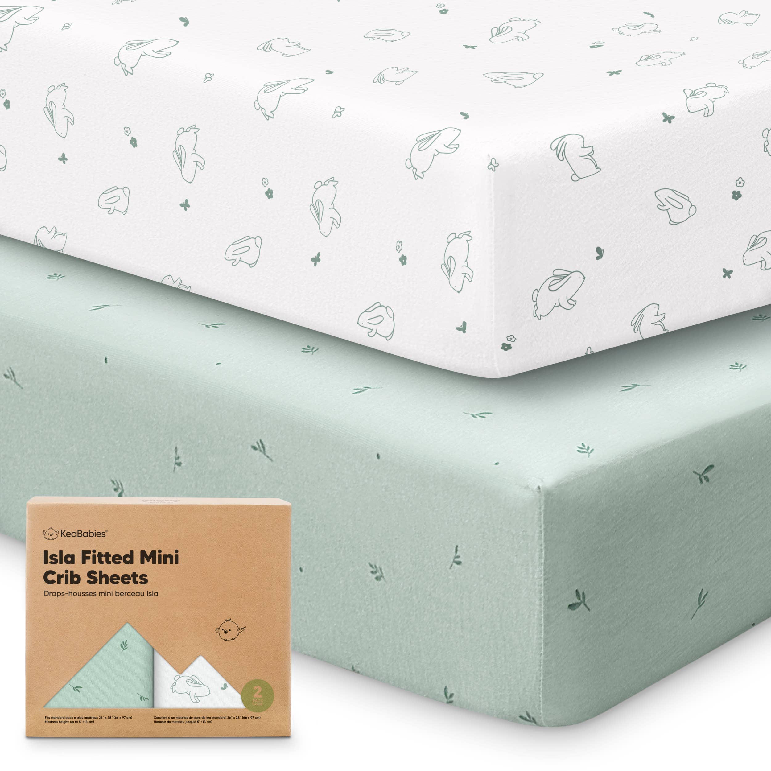 KeaBabies Isla Fitted Mini Crib Sheets, Pack and Play Sheet - Bunny