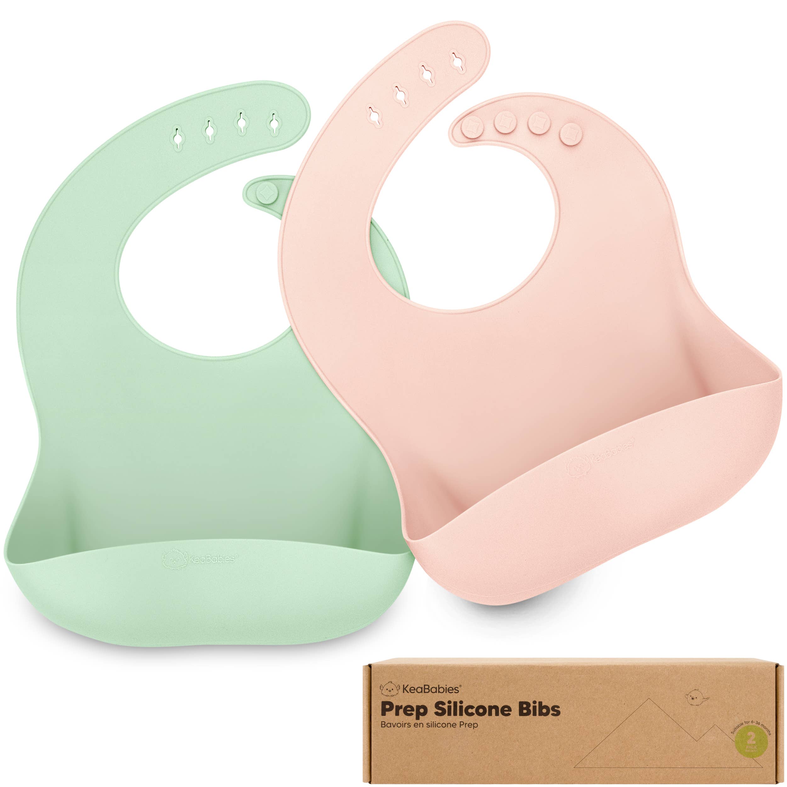 2-Pack KeaBabies Prep Silicone Bibs in mint green and soft pink with a sturdy spill pocket, ideal for mess-free baby feeding.