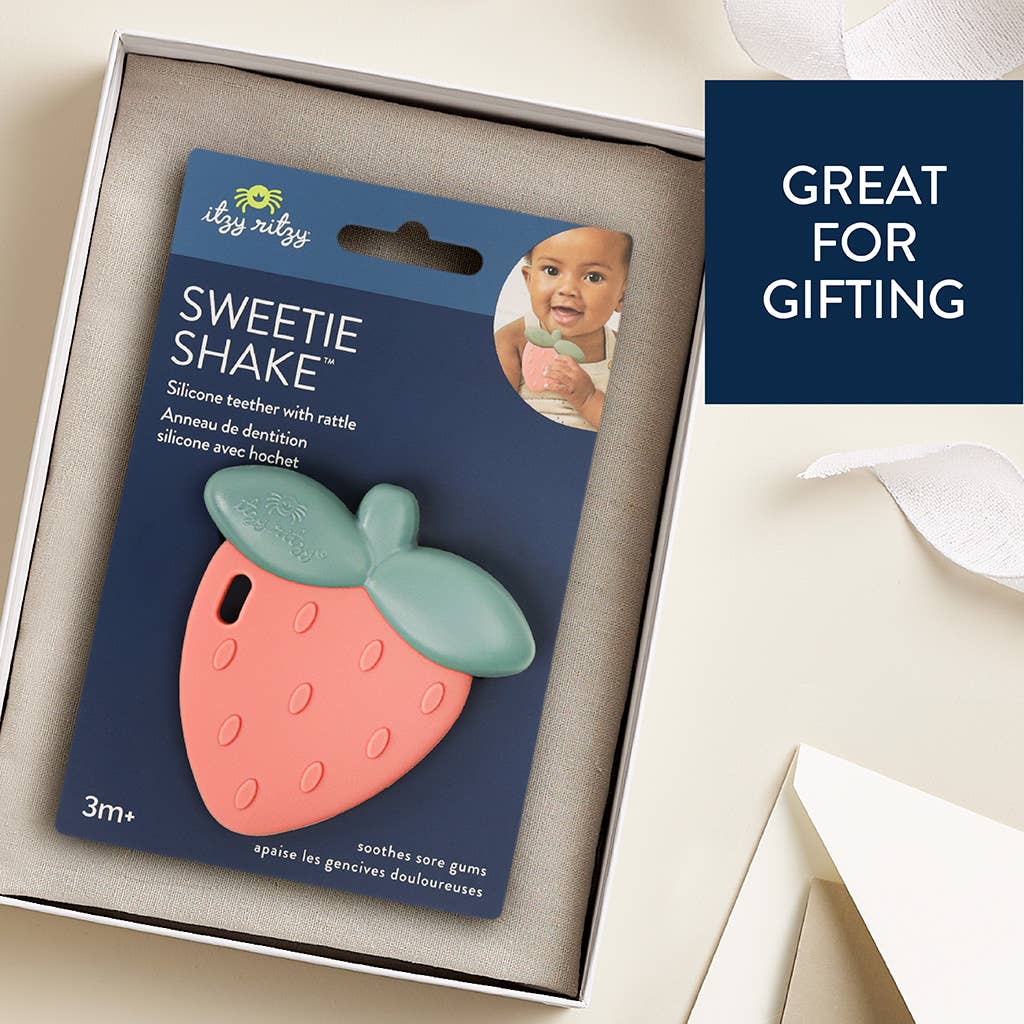 Strawberry Sweetie Shake silicone teether with rattle, perfect for soothing sore gums and great for gifting!