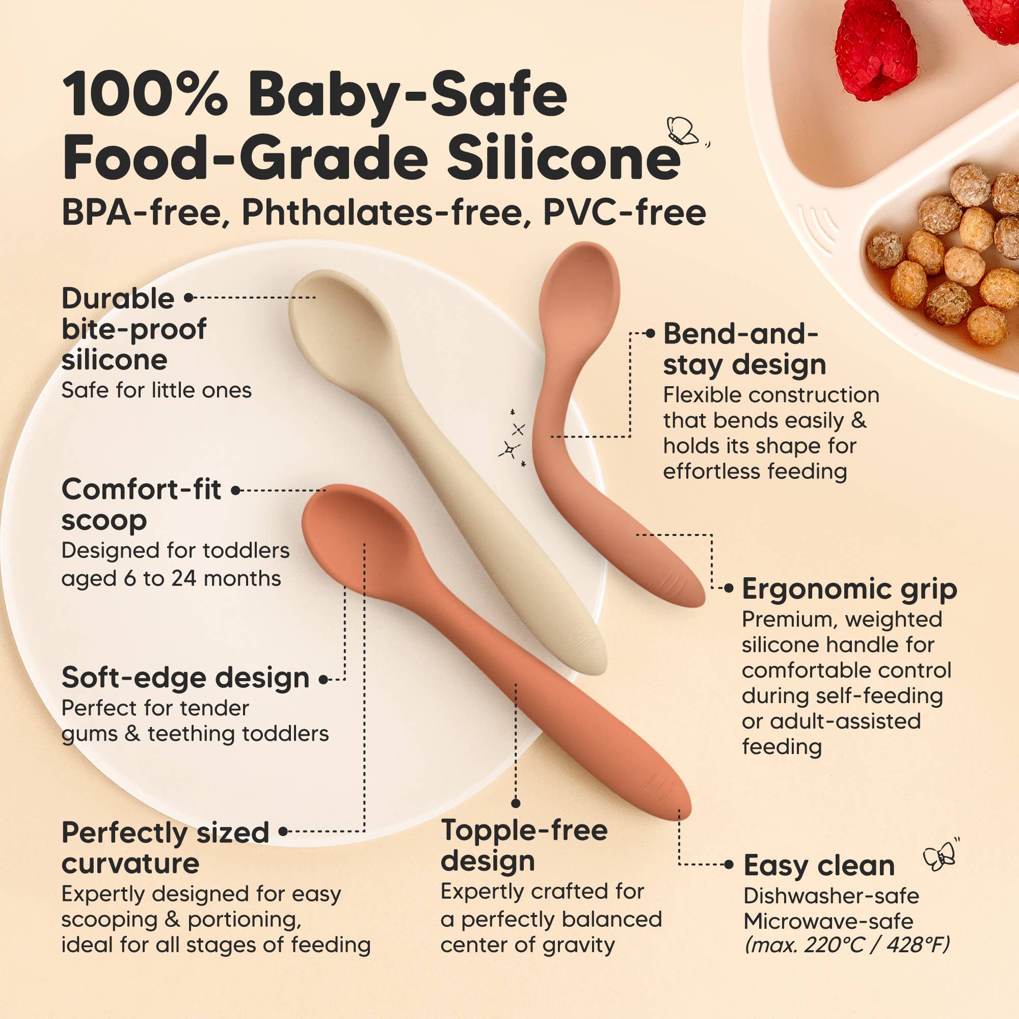 3-pack of BPA-free silicone baby spoons with curved design for easy grip, perfect for toddlers 6-24 months.