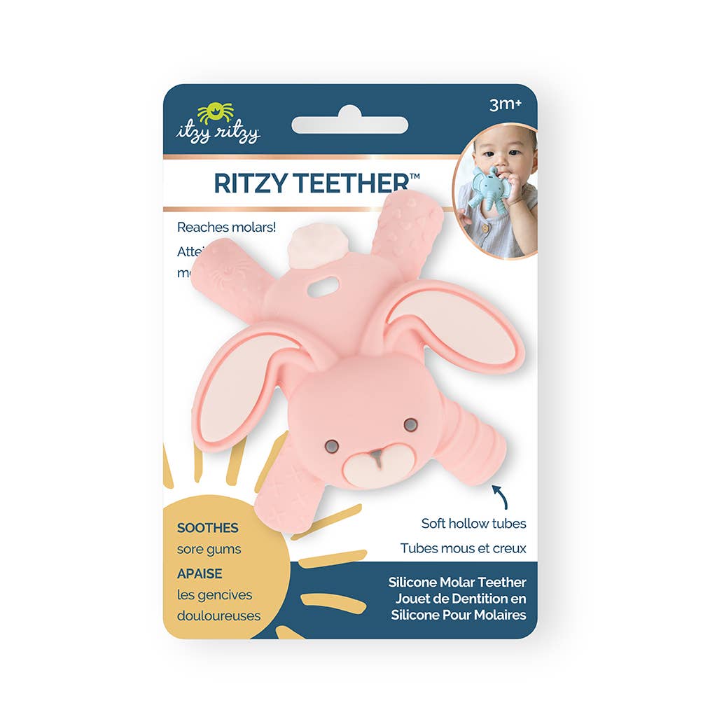 Pink bunny-shaped Itzy Ritzy Ritzy Teetherβ’ in packaging, designed for soothing teething relief and eco-friendly comfort.