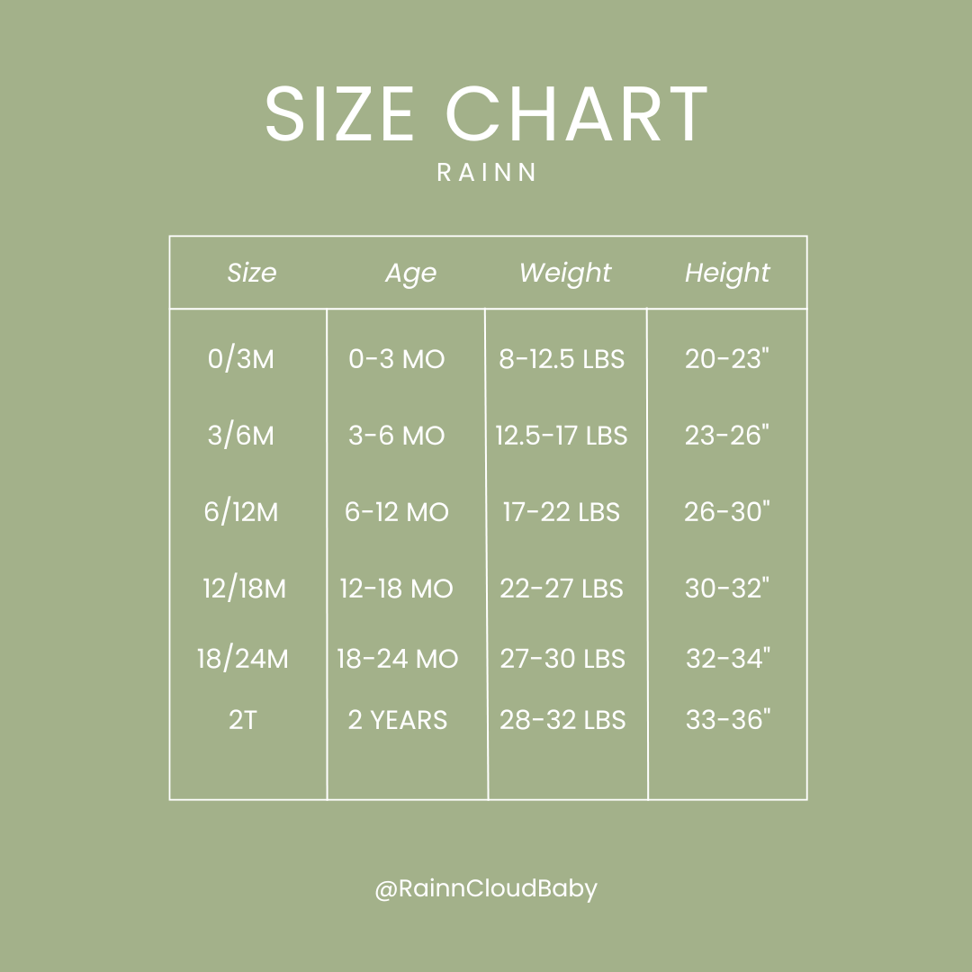 Size chart for Rainnbow baby rompers, detailing sizes, age, weight, and height ranges.