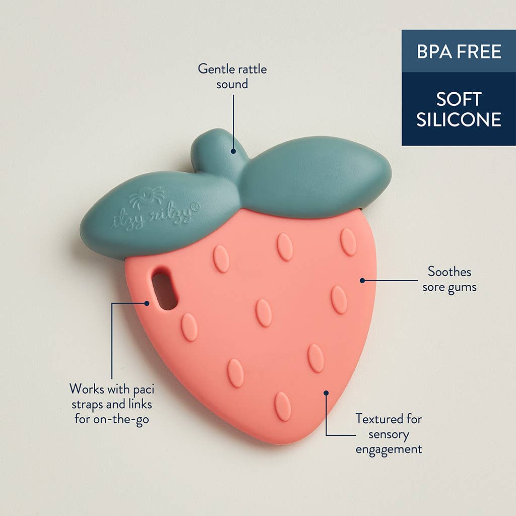 Strawberry Sweetie Shake™ silicone teether with rattle sounds, soothing sore gums, BPA-free, textured for sensory play.