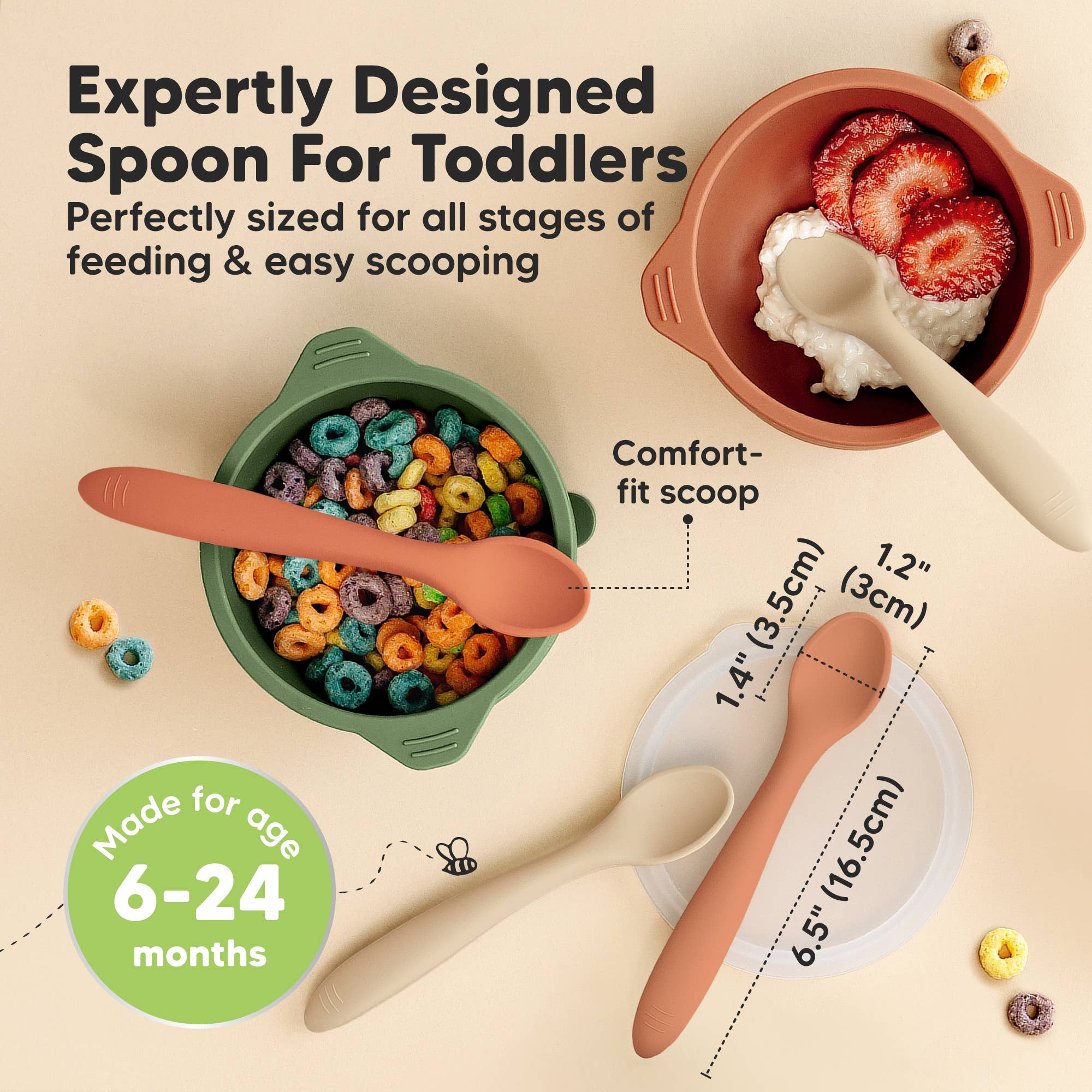 Image of toddler-friendly silicone spoons and bowls perfect for ages 6-24 months, designed for easy feeding and scooping.