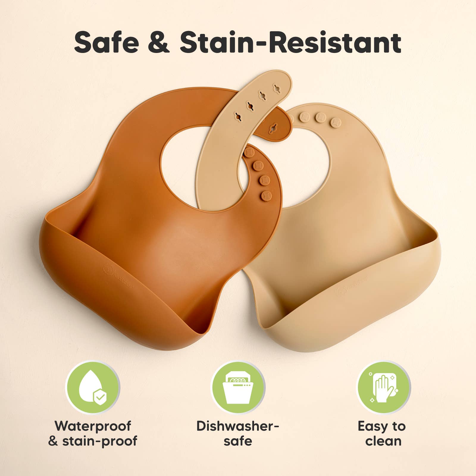 2-Pack silicone bibs in brown and beige, dishwasher-safe, waterproof, and stain-resistant for easy cleaning.