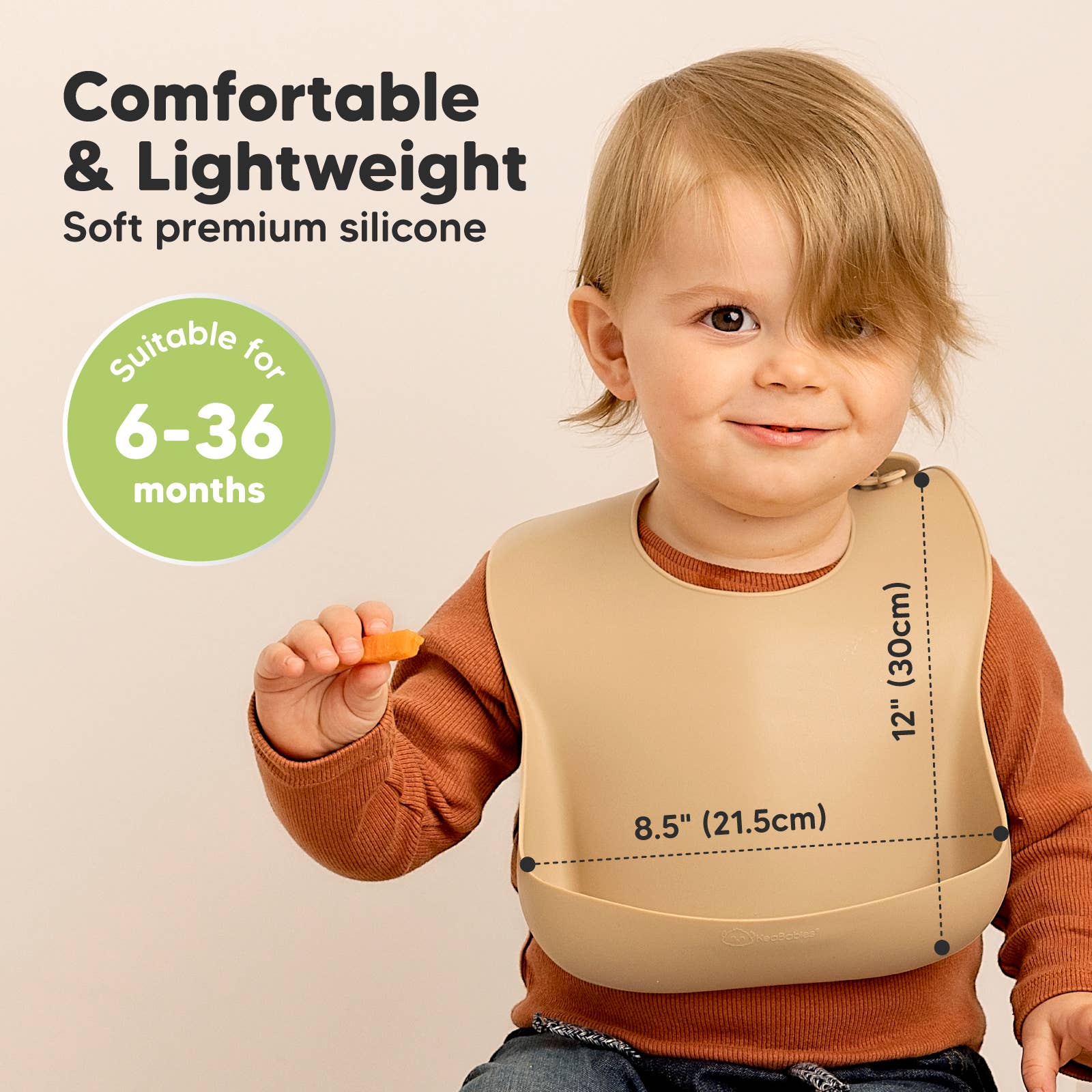 Toddler wearing soft, lightweight silicone bib, perfect for ages 6-36 months, showing dimensions for a comfortable fit.