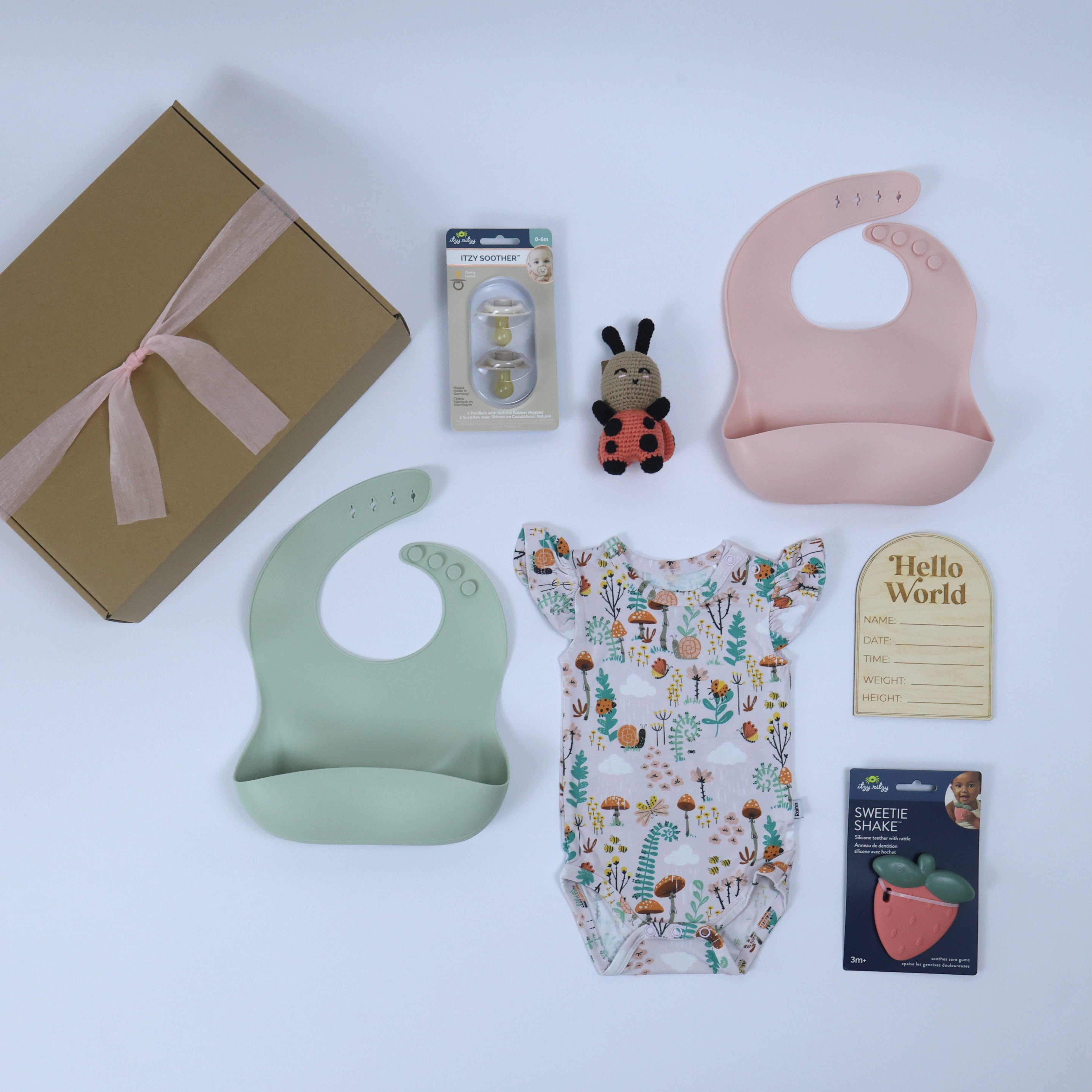 Toddler gift set for girls including bibs, a onesie, toy, and greeting card, perfect for playdates and adventures.