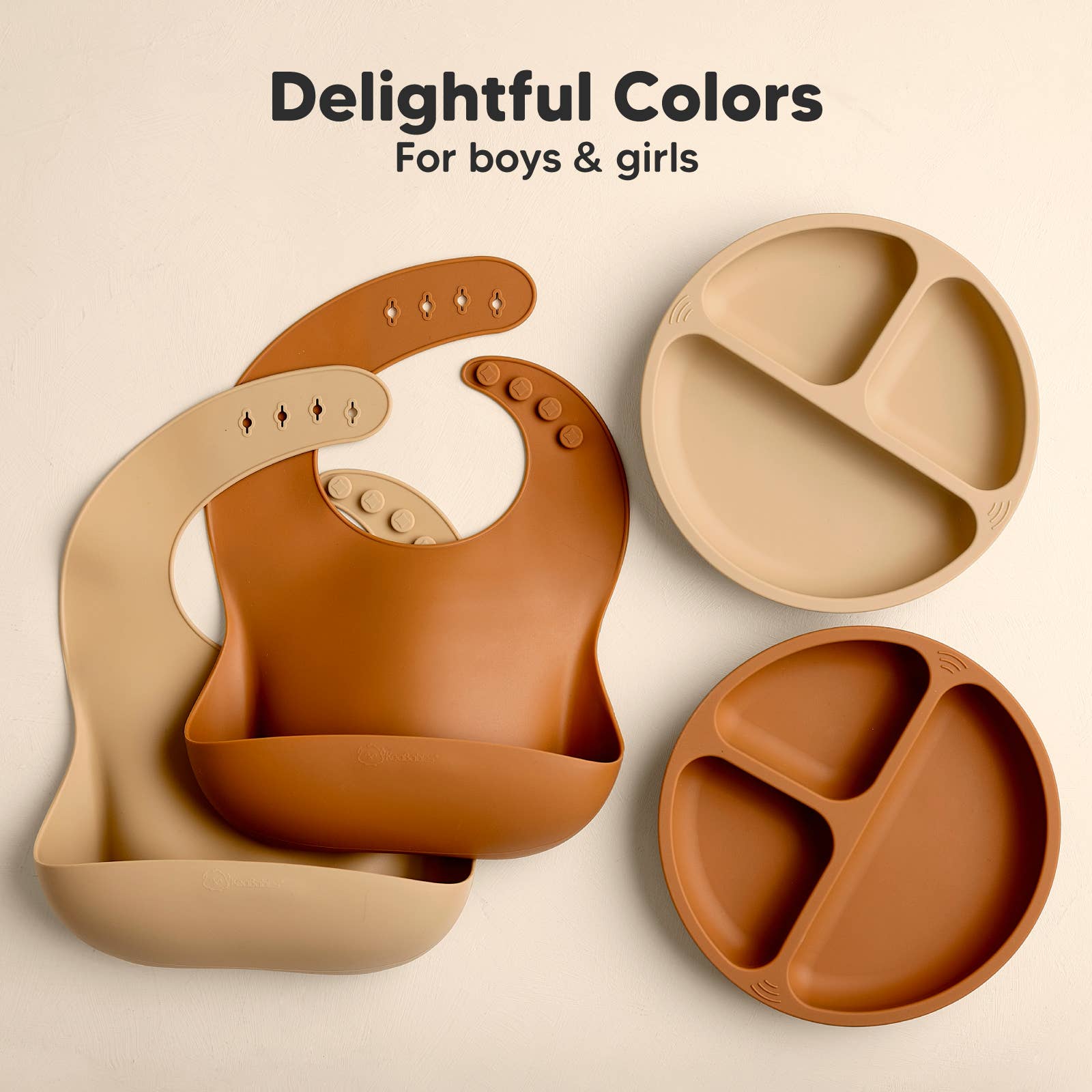 Colorful silicone bibs and plates for boys and girls, perfect for mess-free meals and fun dining experiences.