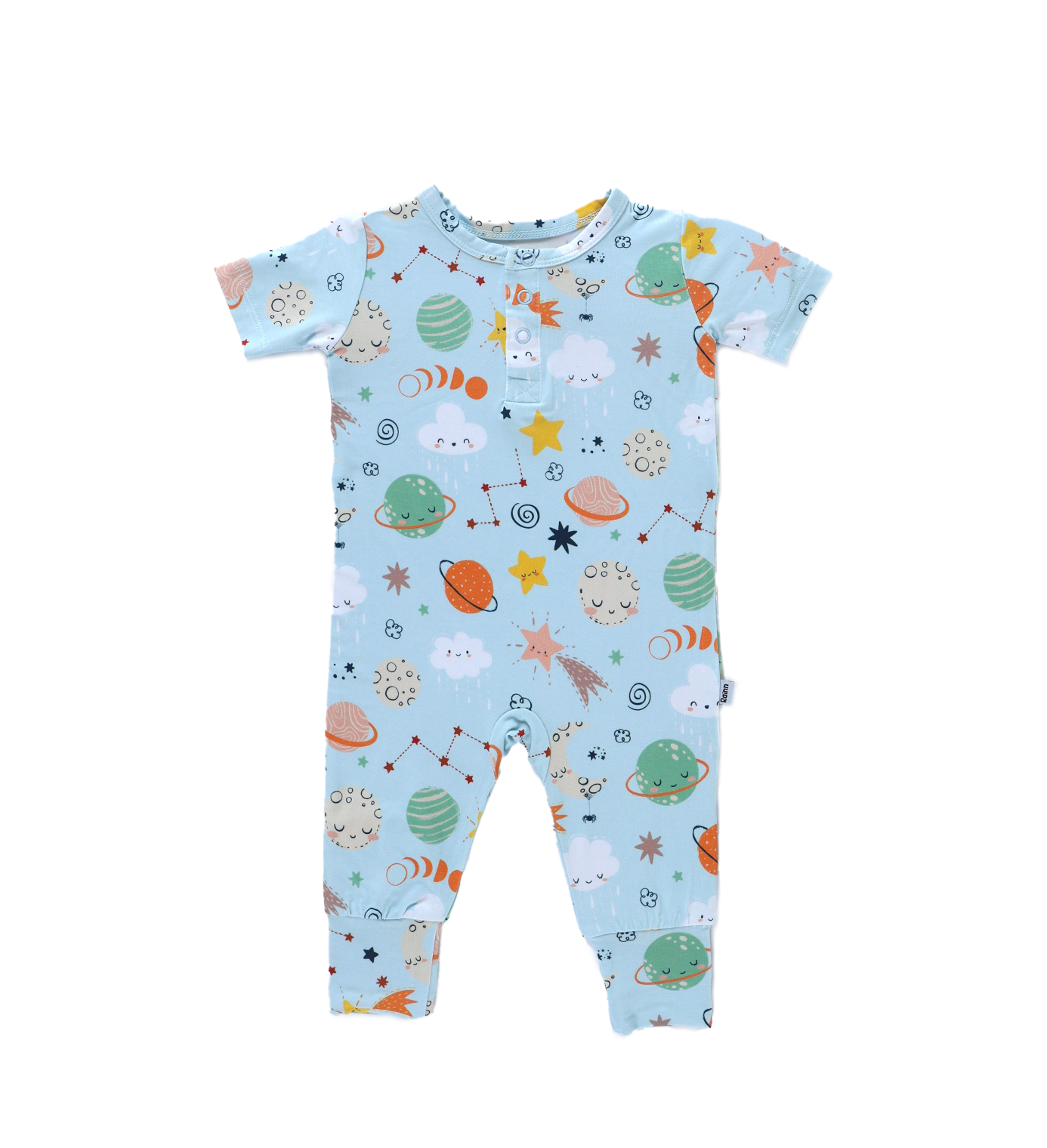 Cosmic Pull Up Romper by Rainn, colorful space-themed design in soft bamboo for comfy little ones.