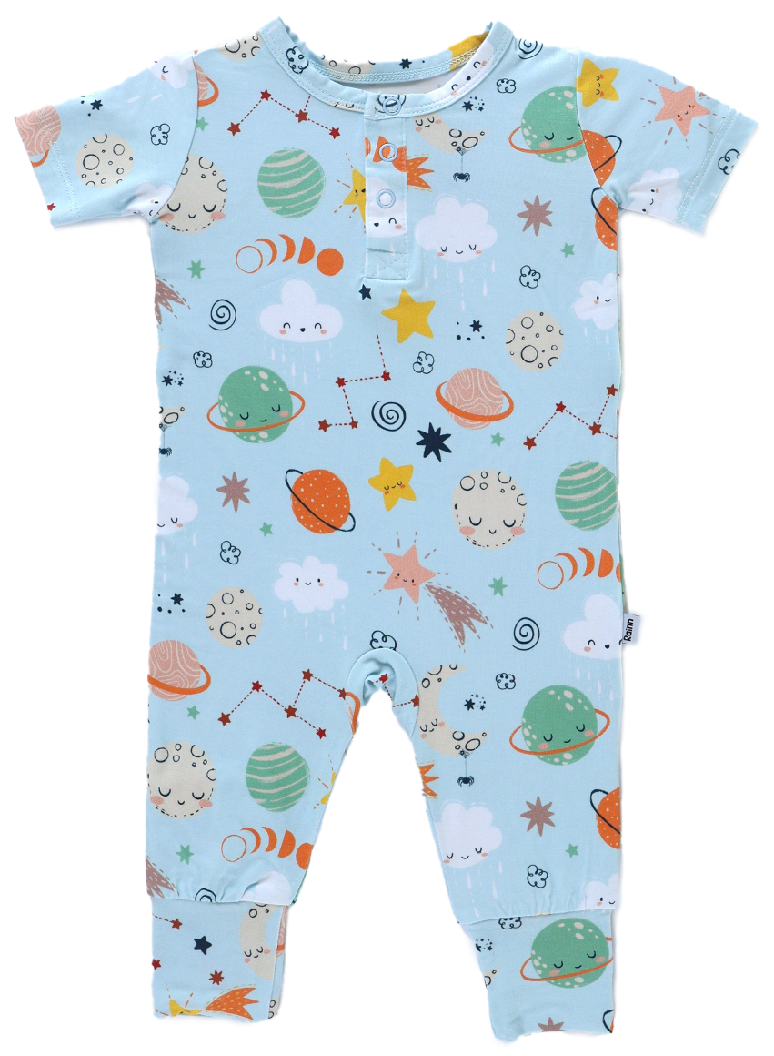 Bamboo Pull Up Romper with space-themed print for babies, made from breathable bamboo fabric, hypoallergenic and temperature regulating.